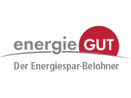 Das Logo der energieGUT GmbH, bestehend aus grauer Schrift (energie) sowie weißer Schrift (GUT) in einem dunkelroten Kreis. Darunter eine geschwungene, graue Linie und graue Schrift "Der Energiespar-Belohner"